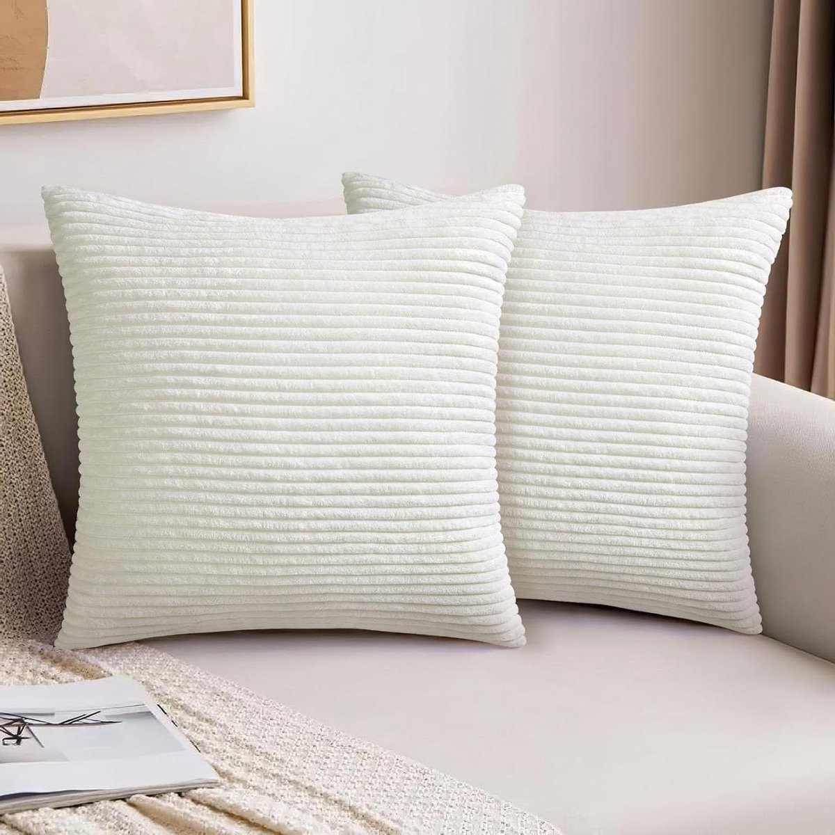 Allecto Plus Set van 2 Kussenhoezen 40 x 40 cm Corduroy Gestreept Boho Design voor Woonkamer en Slaapkamer Decoratie voor Bank en Bed in Scandinavische Stijl