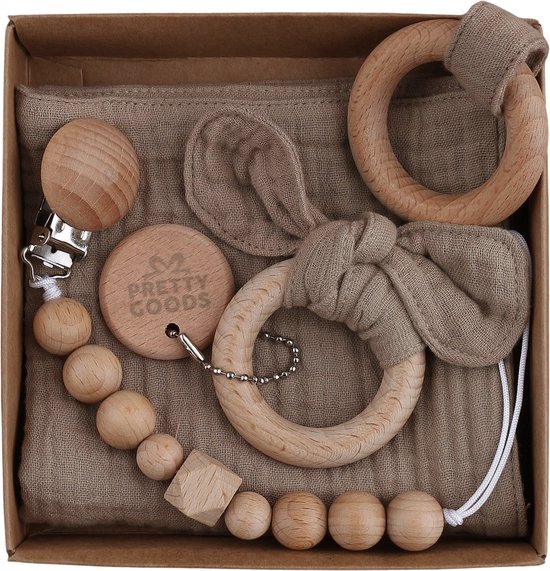 Baby Cadeau – Kraamcadeau Unisex – 3-delige Geschenkset met Bijtring, Speenkoord & Knuffeldoekje – Babyshower / Gender Reveal - Taupe