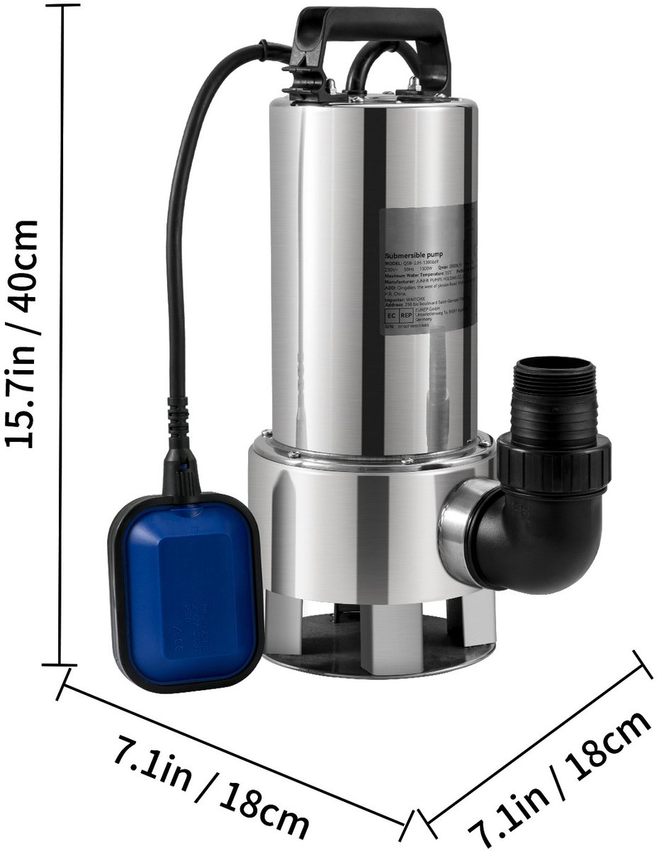 Dompelpomp - Waterpomp - Pomp - Vuilwaterpomp - 1300W - RVS - 20000L/H - met 10 Meter Snoer - voor Kelder, Zwembad en Vijver – foto 3