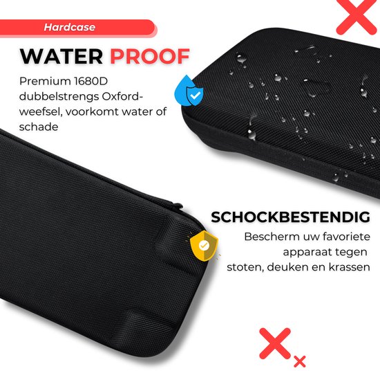 Zwarte hardcase voor Switch 2, met waterdicht en schokbestendig Oxford materiaal.