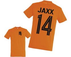 T-Shirt Oranje - Kinderen - Rugnummer en Naam - Nederlands elftal - Leuk voor het WK - Maat 8 jaar - Vergeet niet te mailen voor de naam en rugnummer.