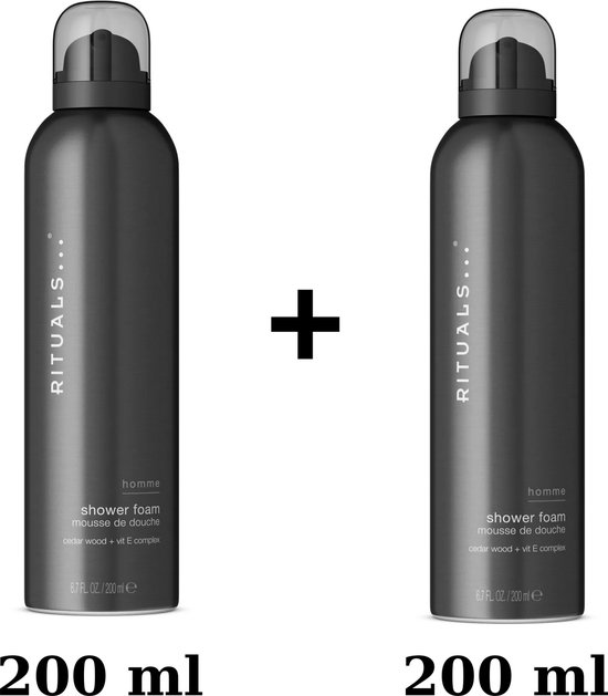 Twee donkergrijze Rituals Homme shower foam flessen van 200 ml elk.