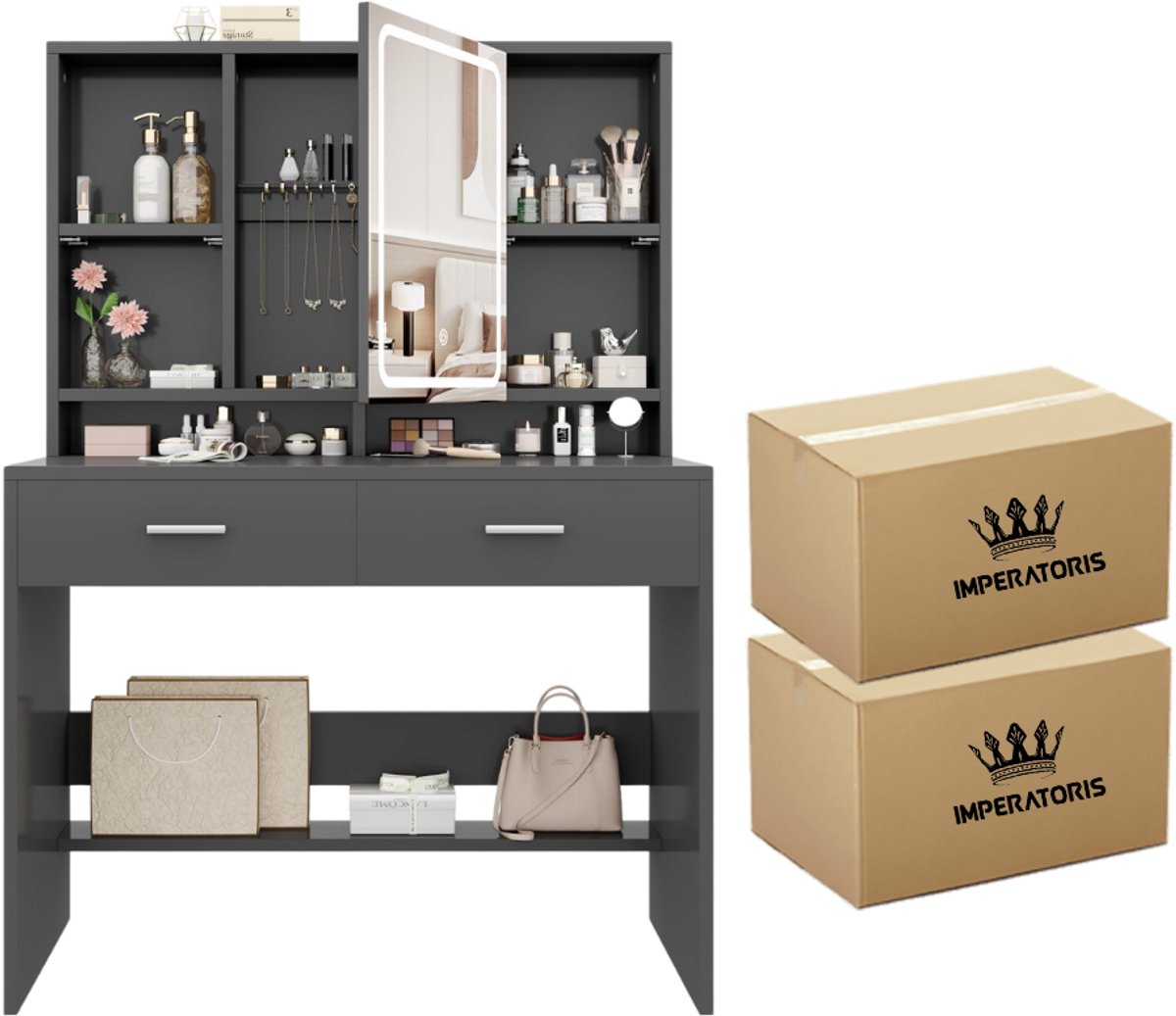 Imperatoris Make-up Tafel met Spiegel en LED Verlichting – Verstelbare Helderheid, 3 Lichtkleuren, 2 Lades en Open Opbergruimtes – Moderne Make-up Bureau voor Slaapkamer (Zwart)