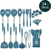 LK HOME Siliconen Keukengerei Set met Houder - Kookgerei Set 24 delig - BPA & Plastic Vrij - Ophangbaar Pastel Blauw.
