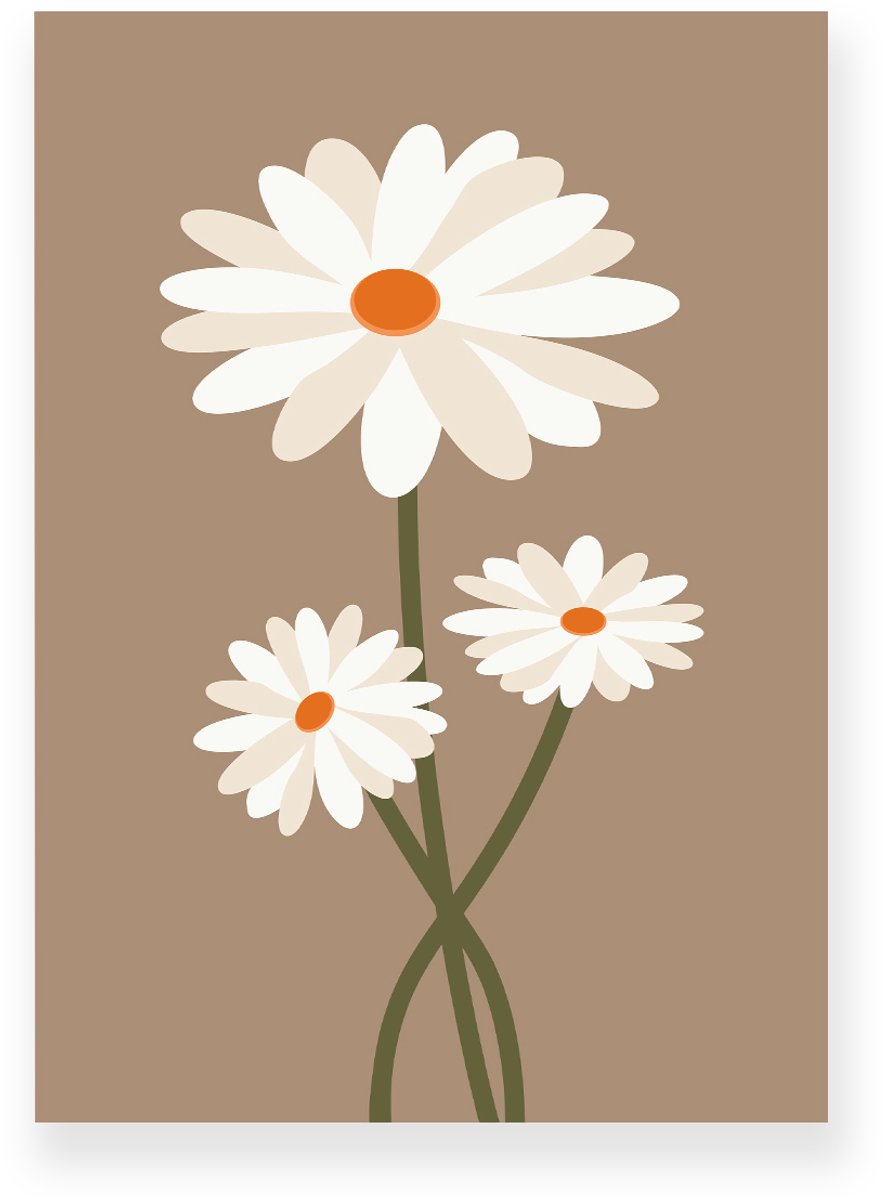 Yisual Aluminium plaat 30x40 cm - Poster - Madeliefjes - Bloemen - Planten - Wit - Bruin - Minimalistisch - Botanisch - Muurdecoratie - Wanddecoratie
