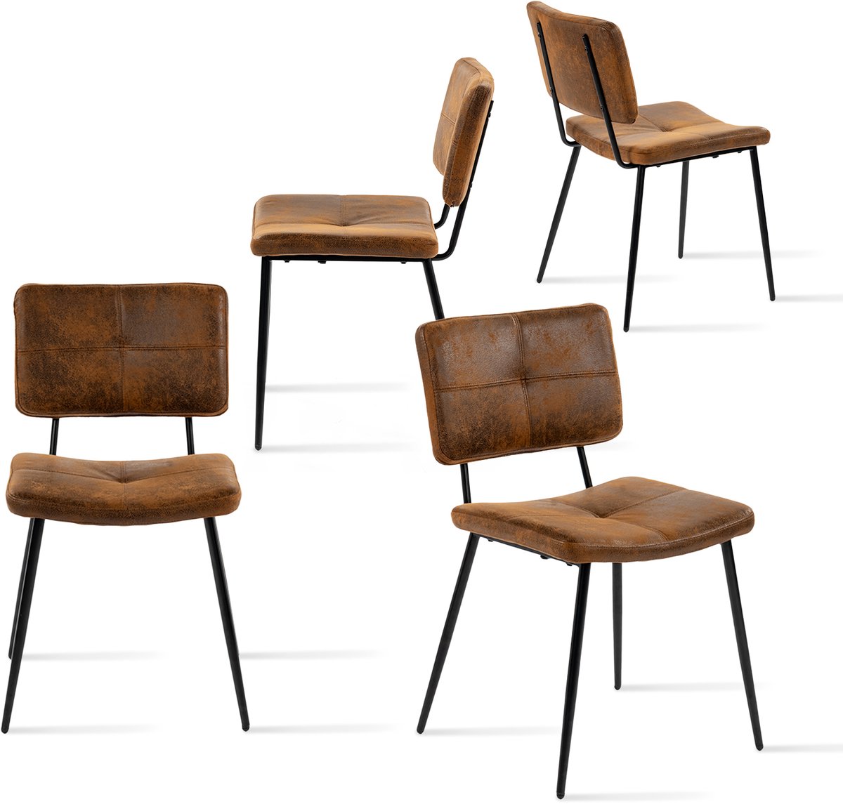 Set van 4 vintage eetkamerstoelen met suède beklede rugleuningen en metalen poten voor keuken, woonkamer, slaapkamer en kantoor, bruin
