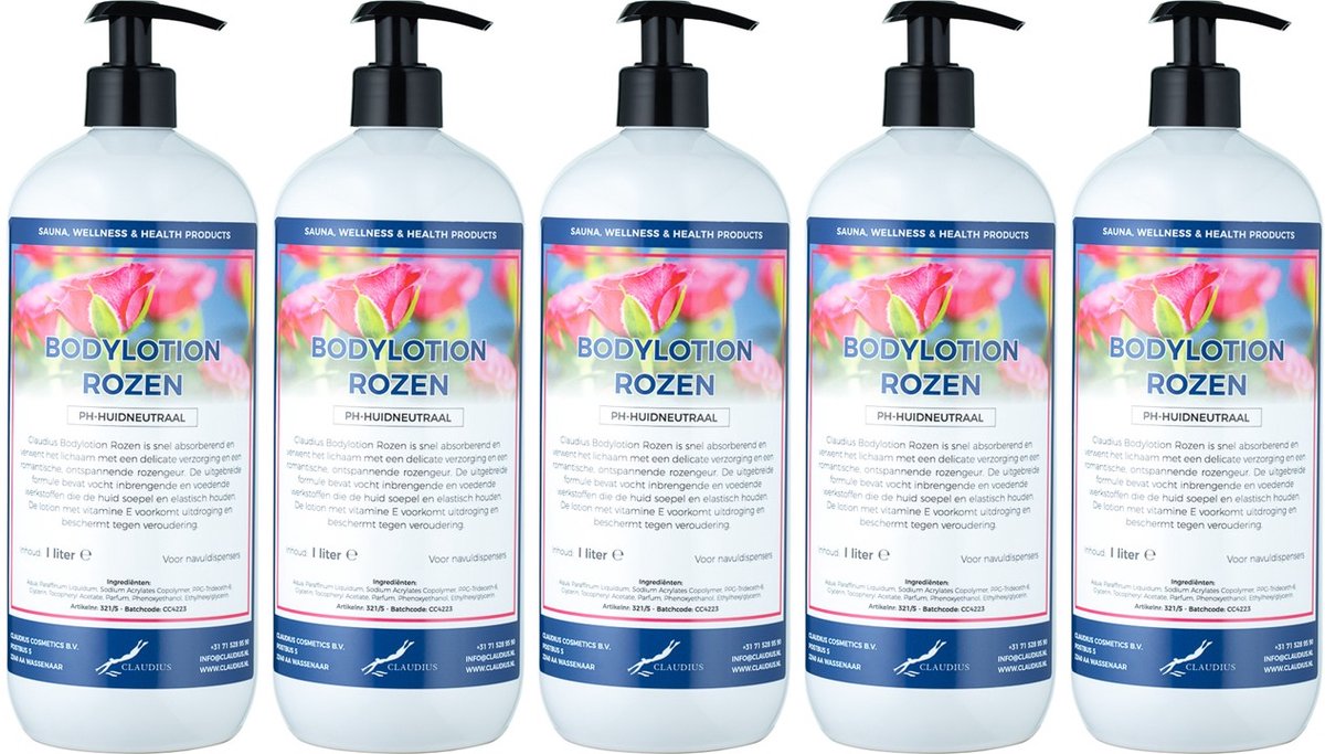 Bodylotion Rozen 1 Liter - met gratis pomp - set van 5 stuks - Voordeelverpakking