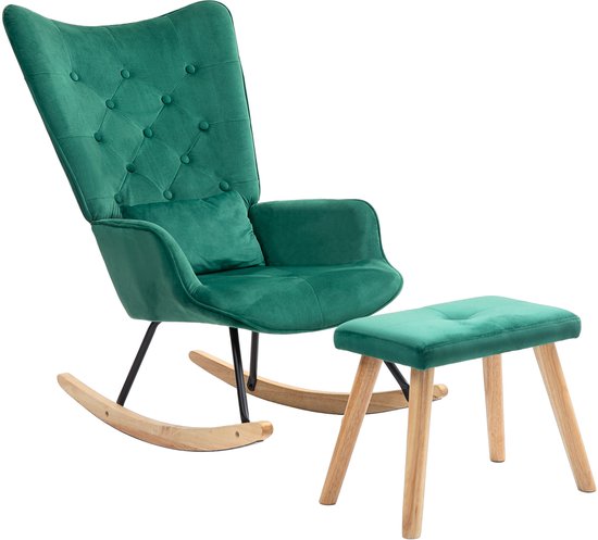 HOMCOM Schommelstoel met Voetensteun, Fleece-Bekleding, Hoge Rugleuning, Houten Poten, Voetpads, Wit | Netherlands