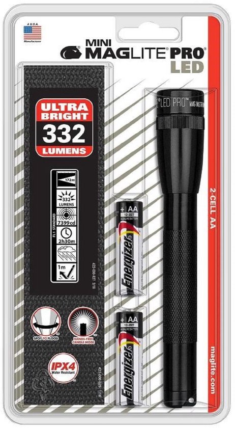 Zwarte Mini Maglite Pro LED zaklamp met twee AA batterijen, in de verpakking. "ULTRA BRIGHT 332 LUMENS".