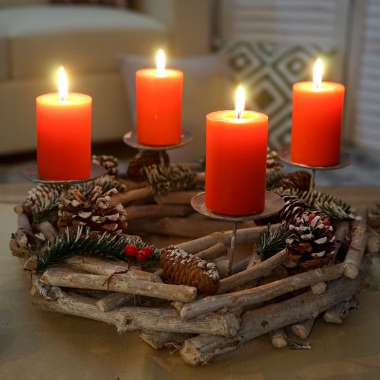 Adventskrans rond, kerstdecoratie tafelkrans, hout Ø 35cm wit-grijs ~ met kaarsen, rood