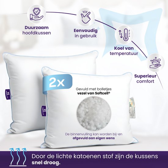 Oreiller spécial sommeil - Set de 2 oreillers - Oreiller pour douleurs cervicales | 60x70 cm - Oreillers de qualité hôtelière - Convient aux personnes dormant sur le dos, sur le côté et sur le ventre - Housse en coton - Période d'essai de 30 jours