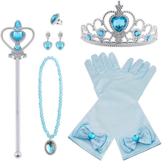 Allecto Plus - Verkleedkleding - Frozen Thema - Elsa Stijl - Prinsessenkostuum - Accessoires Set met Handschoenen, Kroon, Toverstaf, Ketting, Ring en Oorbellen - Blauw - Meisjes - Verkleedpartij - Carnaval - Feestkleding