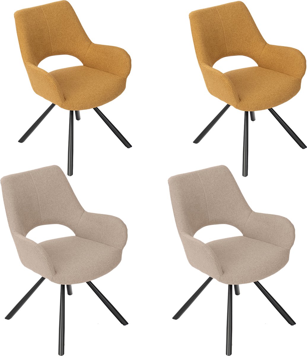 MEUBLE COSY Set van 4 eetkamerstoelen met rugleuning en armleuningen, gestoffeerde zitting in veelkleurige stof, 58,5 x 59 x 81 cm Beige