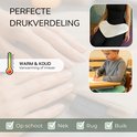 Close-up van zachte textuur van een verzwaringskussen. Inzet: vrouw op knieën met kussen op schoot, jongen aan bureau. Warm & koud symbool.