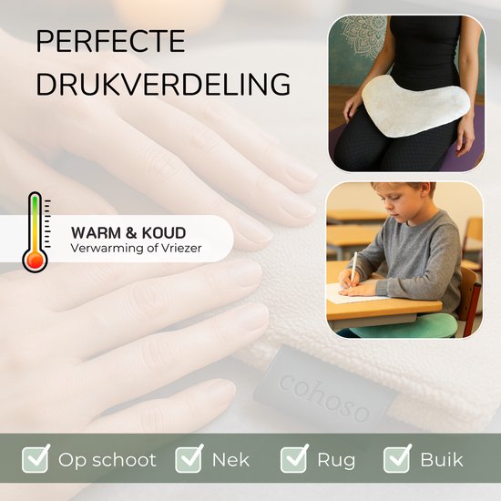 Close-up van zachte textuur van een verzwaringskussen. Inzet: vrouw op knieën met kussen op schoot, jongen aan bureau. Warm & koud symbool.