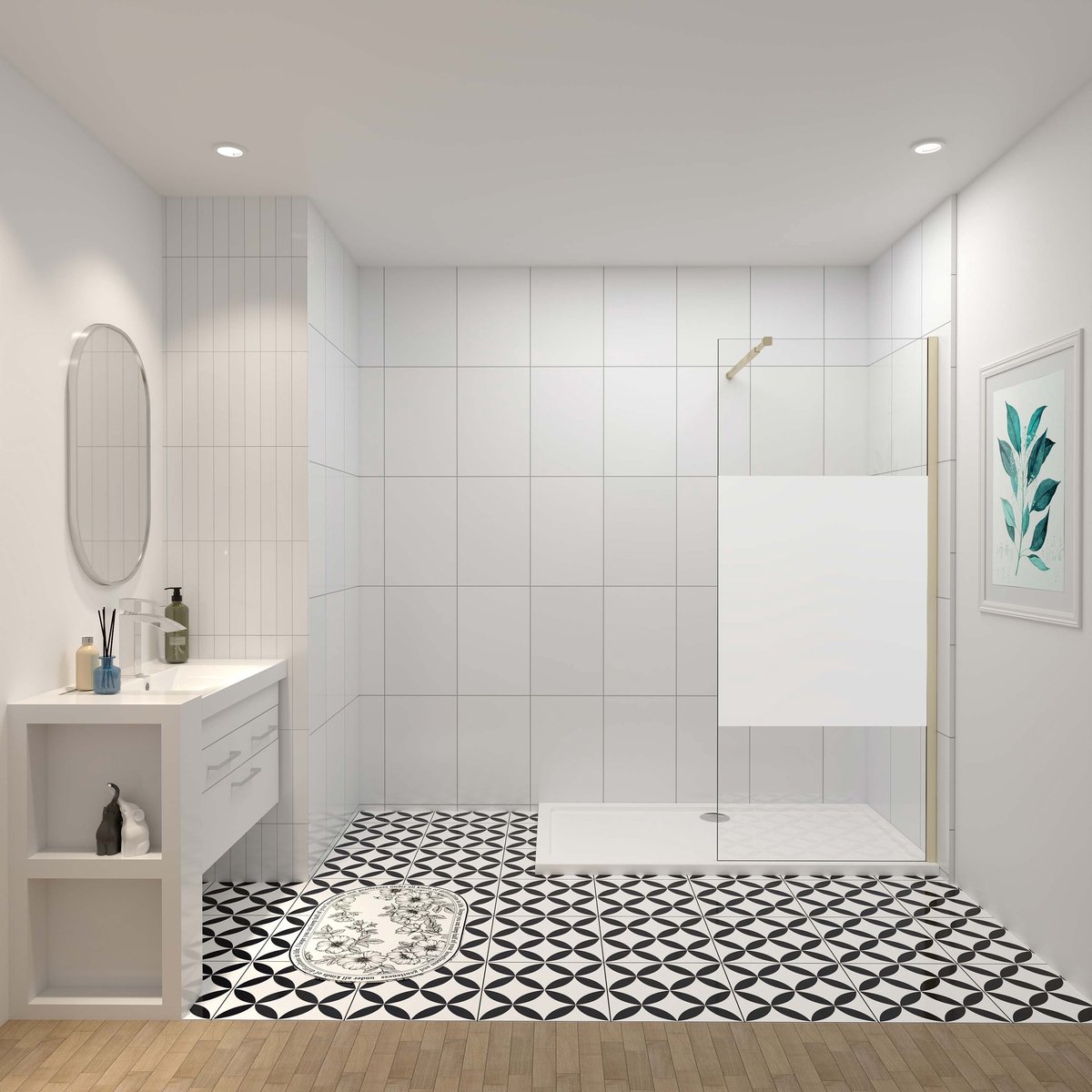 Inloopdouche-douchewand-walk in 120x200 cm,8mm midden wit gematteerd gehard glas met explosieveilige folie+73-120cm Stabilisatiestang,gouden profiel