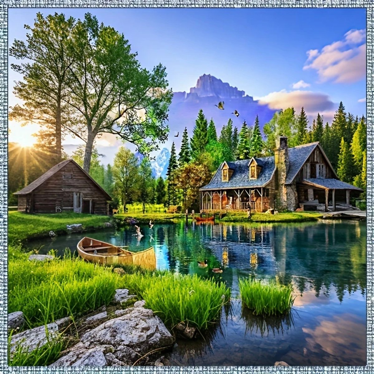 Diamond painting set huis met boot in mooi landschap met mooie frisse heldere kleuren 20 x 20 cm