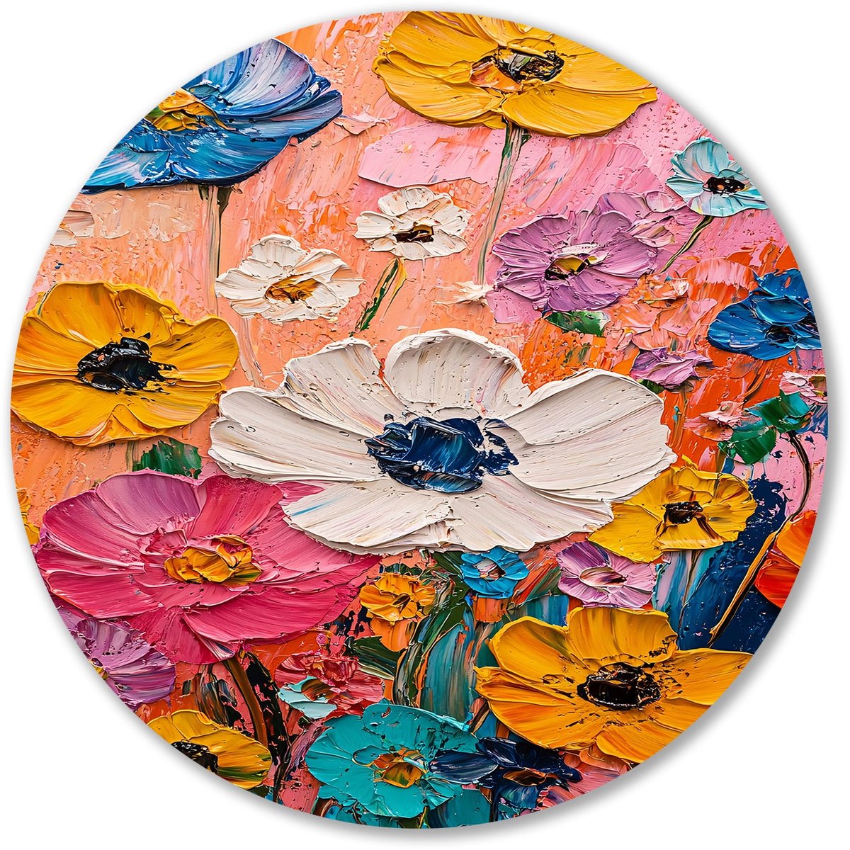 Kleurrijke bloemen in dikke verf - Bloemen wandcirkels - Rond wandpaneel natuur - Expressionisme - Wandcirkel van Forex - Wandkunst voor slaapkamers - muurcirkel forex 80x80 cm