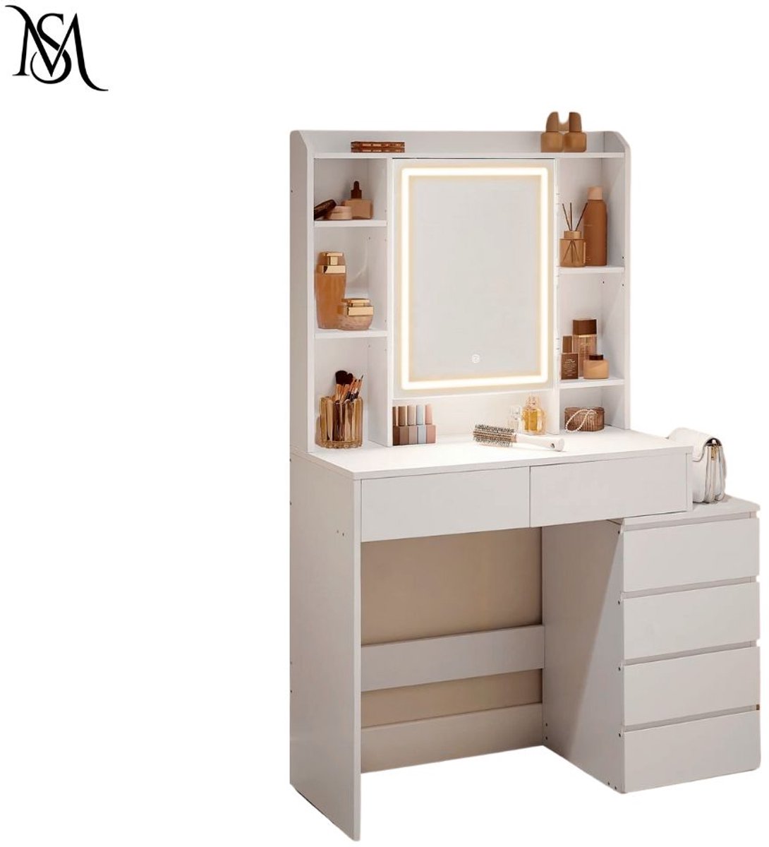 Kaptafel - Make-uptafel - Kaptafel met LED-verlichting - Verstelbare Helderheid - Spiegel met Lades - Opbergruimte - Draaibare Spiegel - Houten Spaanplaat - Modern Design - Slaapkamermeubel - 100kg Draagvermogen - Wolken Wit - 97,5x40x145cm