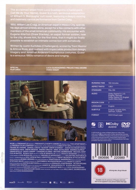 Achterkant van de DVD-hoes van 'Queer', met een synopsis, castinformatie en technische specificaties. Twee kleine afbeeldingen uit de film zijn ook zichtbaar.