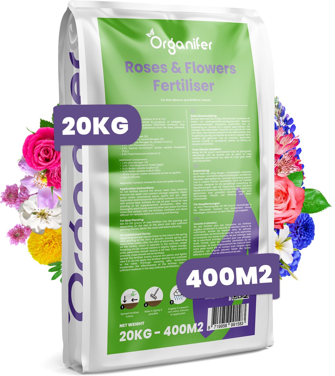 Rozen & Bloemen Meststof All-In-One - 20 Kg Voor 400 M² - Bevordert Rijke En Langdurige Bloei - Sterke Wortelgroei - Verbetert De Bodemstructuur - Langdurige Werking - Verrijkt Met Magnesium - Organifer