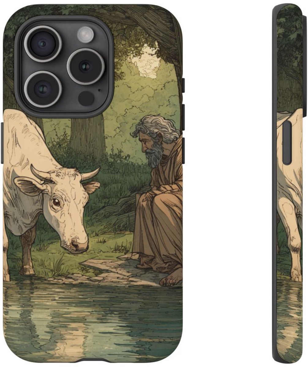 Witte Koe en Bebaarde Man aan Rivieroever – Telefoonhoesje Geschikt voor iPhone 15 Pro