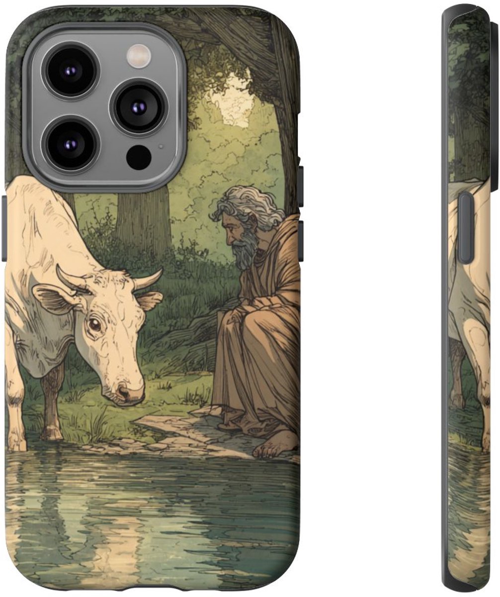 Witte Koe en Bebaarde Man aan Rivieroever – Telefoonhoesje Geschikt voor iPhone 14 Pro