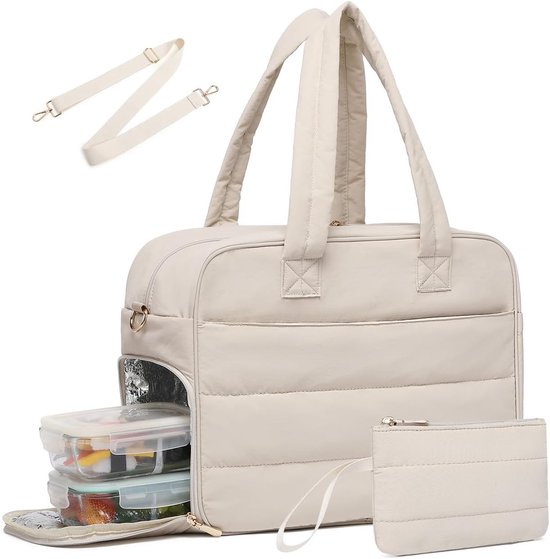 Sac à déjeuner pour dames pour le travail, sac pour ordinateur portable pour ordinateurs portables de 17,3 pouces, avec compartiment déjeuner isolé et porte-monnaie (beige)