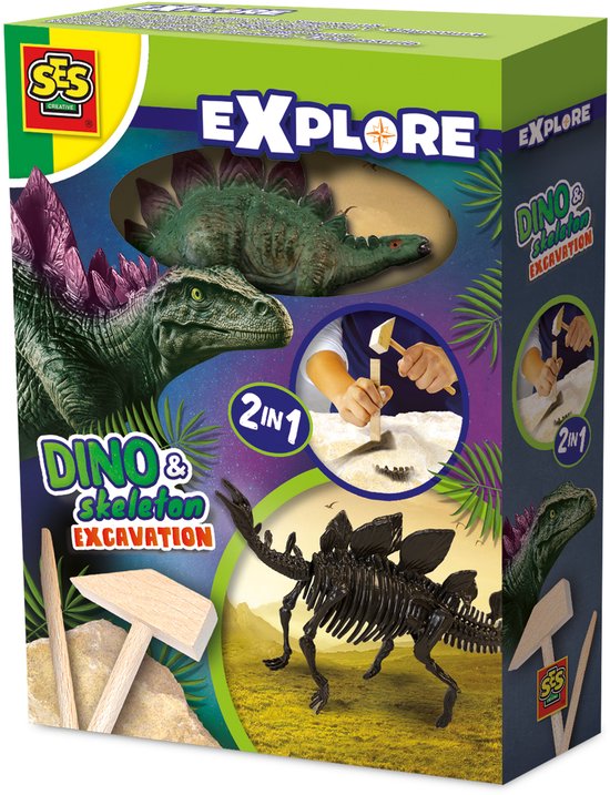 SES Creative - Explore - Dino en Skelet Opgraven 2 in 1 - Stegosaurus - Bikblok met Skelet - Complete set met Houten Hamer en Beitel - Dinosaurus Speelgoed