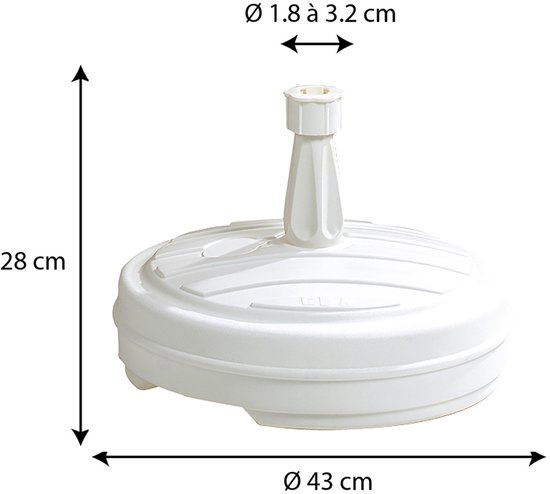 Witte parasolvoet, 28 cm hoog, 43 cm doorsnee. Buis is 1.8 tot 3.2 cm doorsnee.