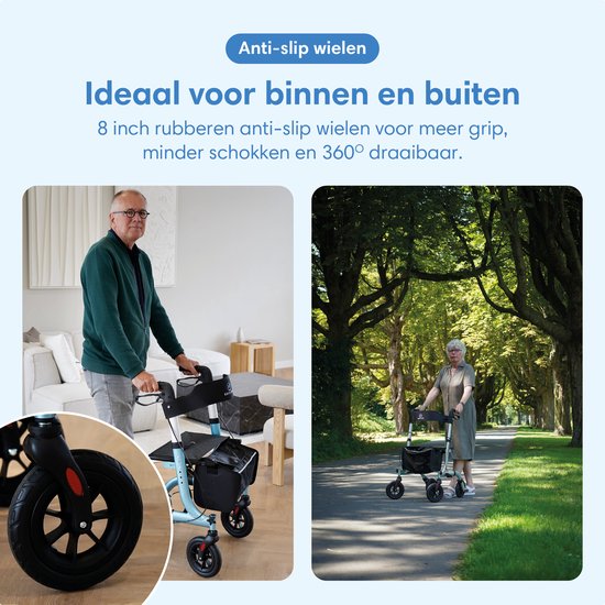 Een oudere man en vrouw gebruiken een rollator buiten in een park. Een close-up toont een 8 inch rubberen anti-slip wiel.