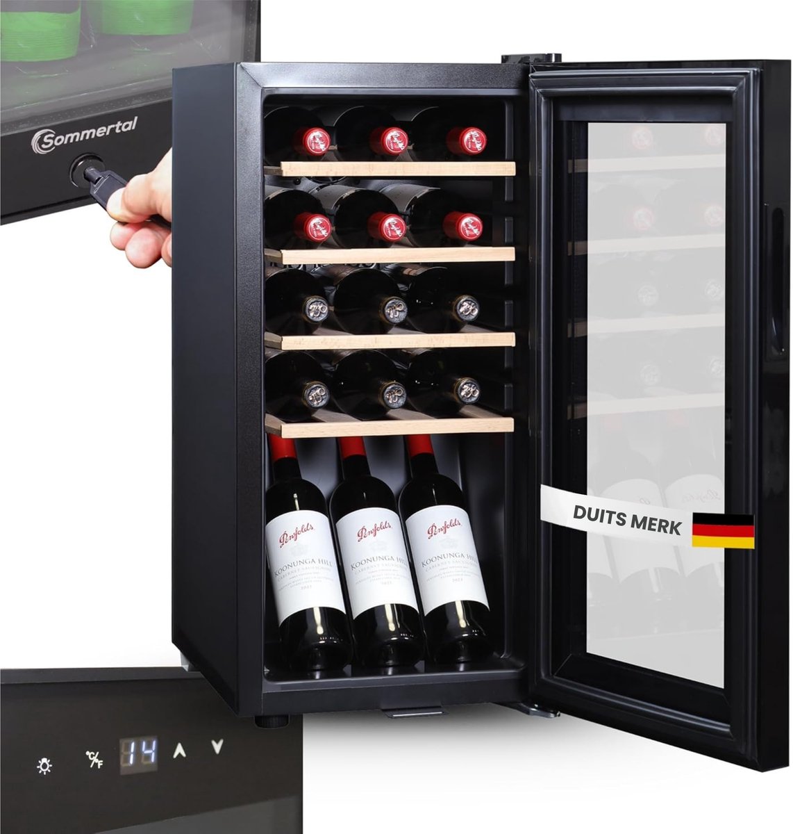 Sommertal WK 50 wijnkoeler – 15 flessen, instelbaar van 5–20 °C, afsluitbaar, ledverlichting, glazen deur, touchscreen, 4 houten planken, stil en energiezuinig, uv-bestendige beglazing [energieklasse F]