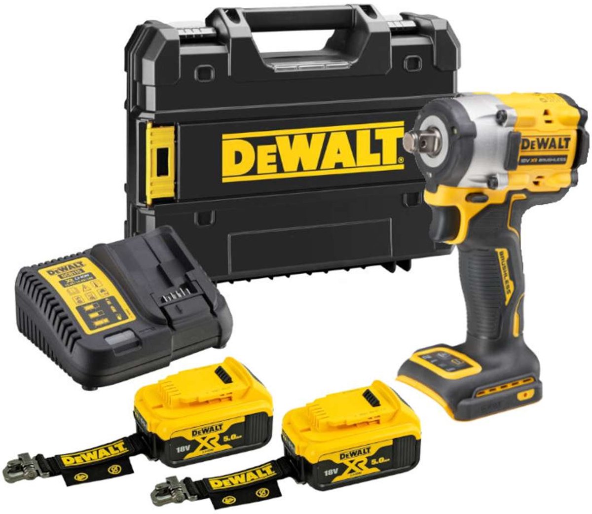 DeWALT Gereedschap - 18V ACCU slagmoersleutel, 2x accu 5,0 Ah LANYARD READY, oplader DCF921P2LRT