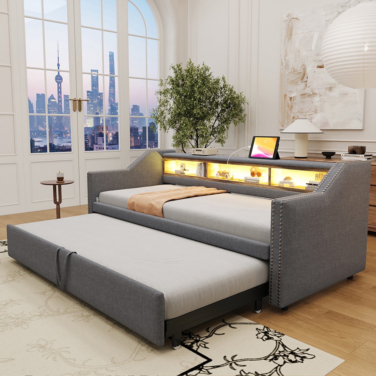 Komhtom Volwassen bed Enkel bed Sofa bed 90/180 x 190 cm LED licht en USB stopcontact Donkergrijs