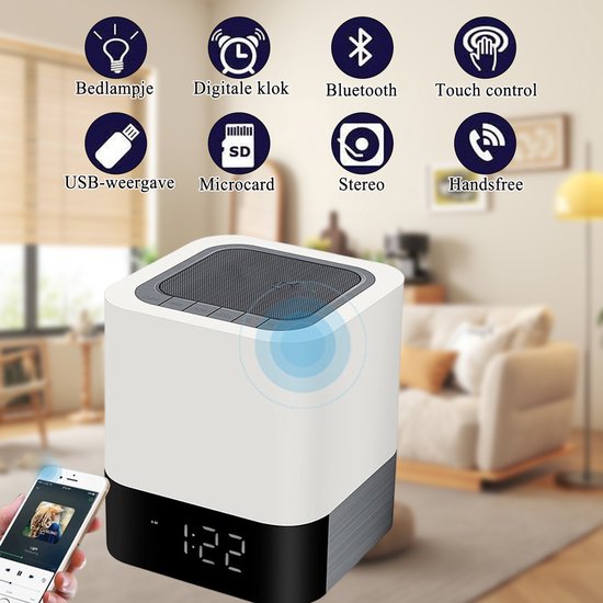 Touch Bedlamp - Bluetooth Speaker met LED Verlichting - Dimbare Nachtlamp - Geschikt voor Slaapkamer en Reizen - Voor Muziekliefhebbers - Wit - Ø10cm - 1 Stuk van Merkloos — afbeelding 4