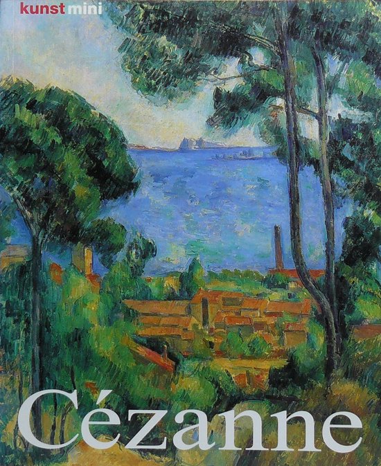 Boekcover met schilderij van Cézanne van een dorp aan zee, met bomen op de voorgrond.