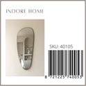 Label met 'INDORE HOME' en een SKU barcode. Rechts een afbeelding van een organische zwarte spiegel aan een lichte muur.