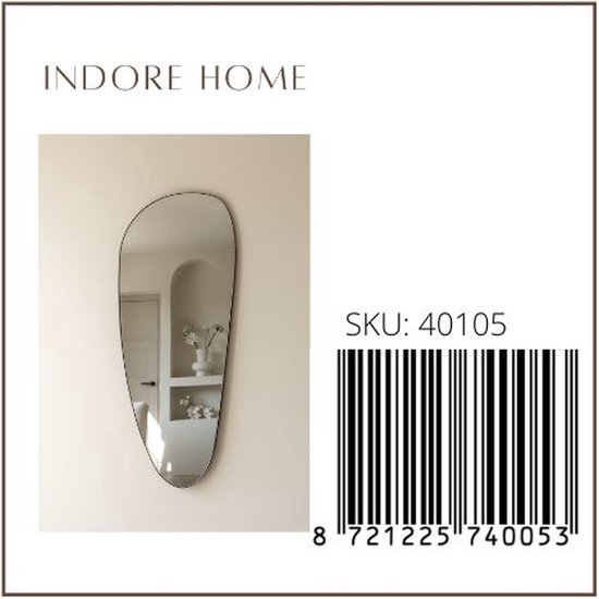 Label met 'INDORE HOME' en een SKU barcode. Rechts een afbeelding van een organische zwarte spiegel aan een lichte muur.