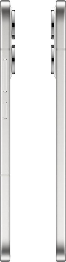 Twee zijaanzichten van een witte Oppo telefoon, toon de dunne rand en de knoppen.