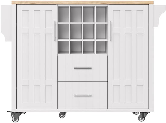 Keukeneiland met wijnrek 2 lades en 2 deuren - 2 stopcontacten - Wit naturel - 131.5x43/76x90.7cm