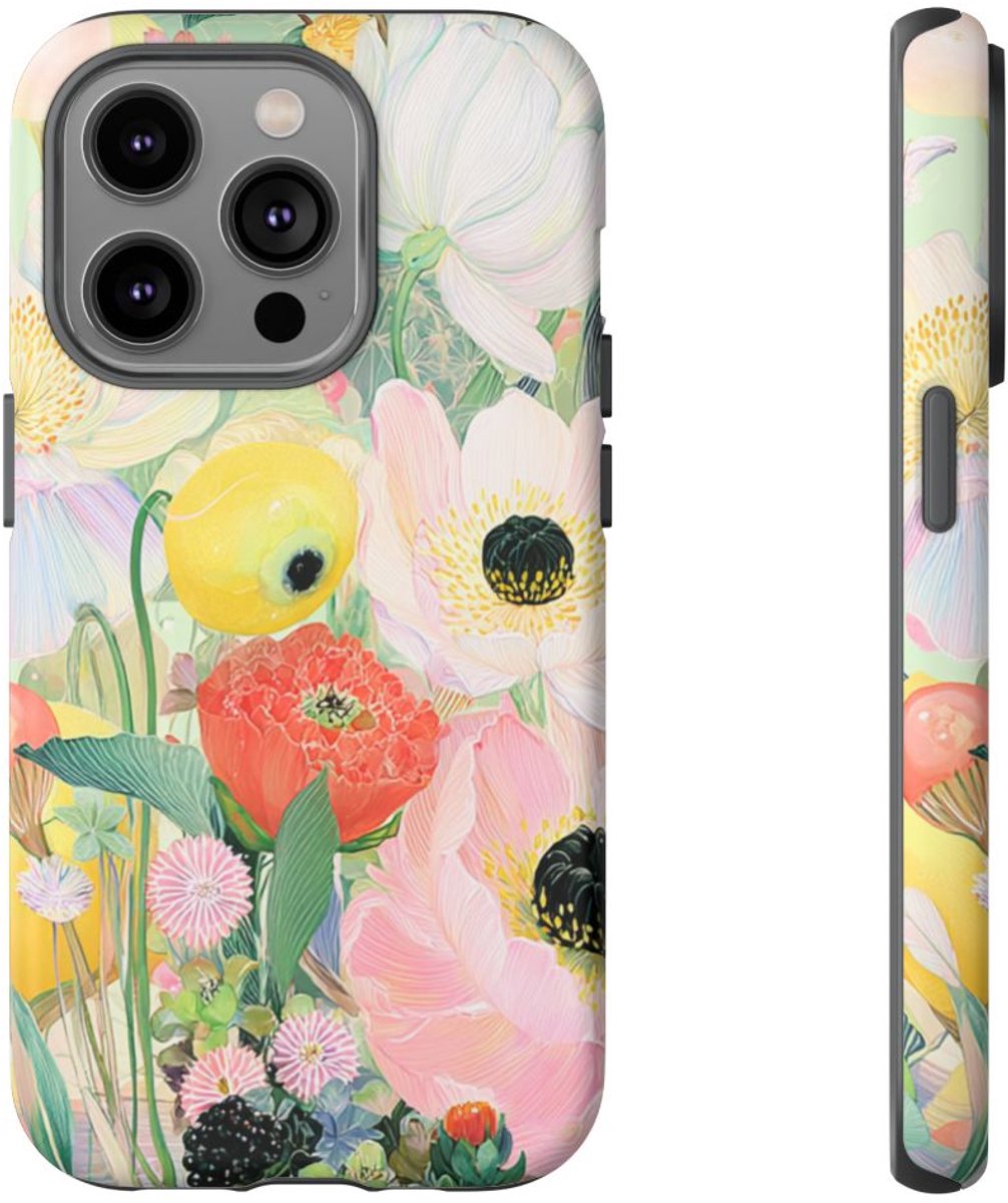 Lichte Pastelbloemen met Vogels – Telefoonhoesje Geschikt voor iPhone 14 Pro