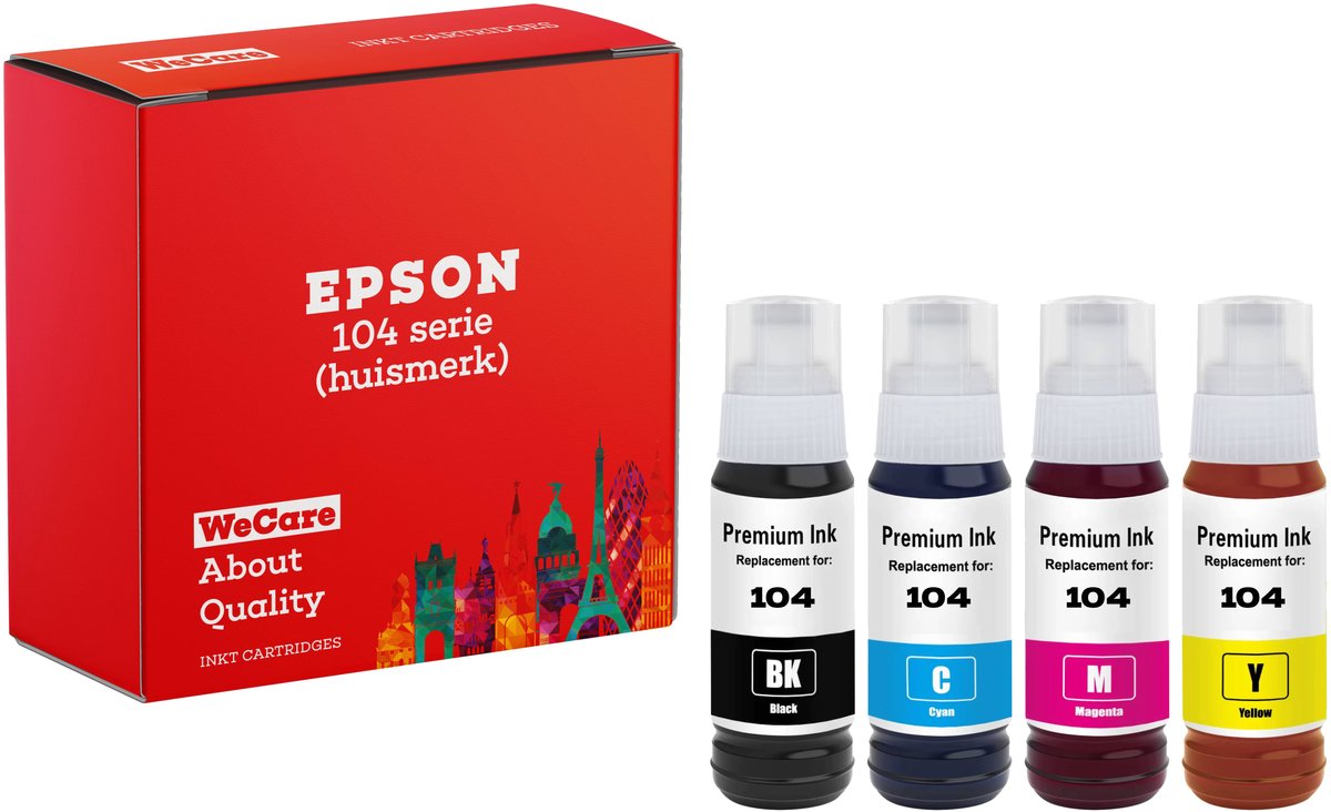Image of 4-pack | Huismerk geschikt voor Epson 104 Inktflessen - Inktflesjes - Geschikt voor EcoTank ET-1810 - ET-2721 - ET-2814 - ET-2820 - ET-2825