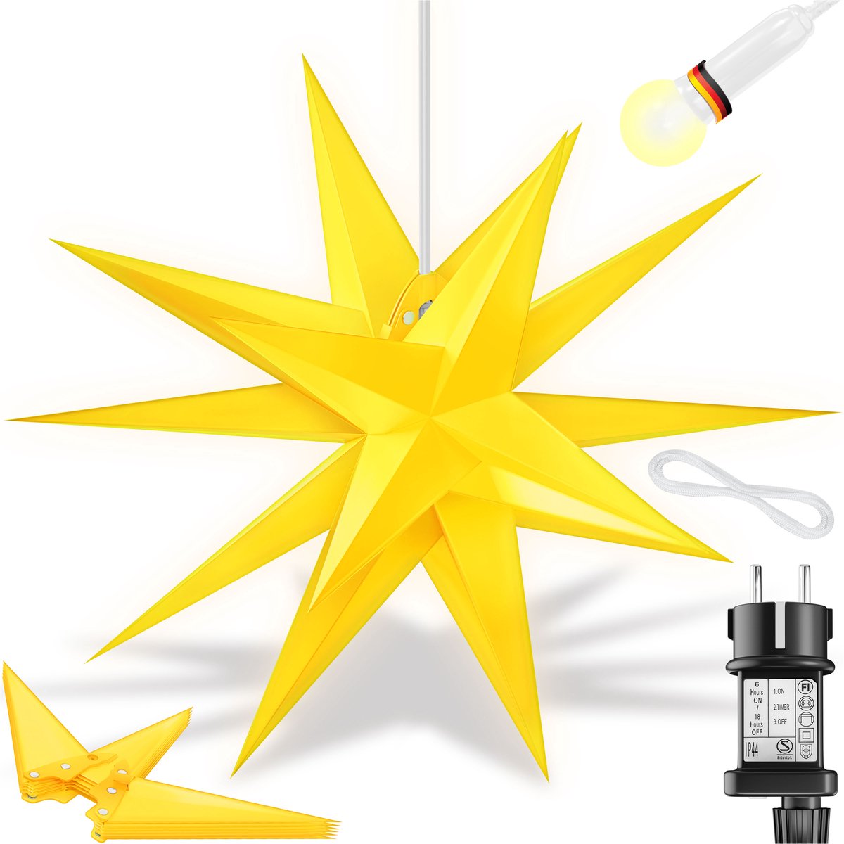 KESSER® LED Kerst Ster 3D, LED Verlichting met Timer, Kerstster Lampjes voor Binnen en Buiten, Kerstverlichting Advent Ster Verlichte Hangend, Warm Wit Licht - Geel / 60 cm, met Timer