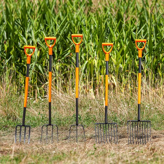 KADAX Spatvork van staal, 132 cm lange vork, hooivork, grafvork om te graven, ergonomische tuinvork, mestvork, vork met D-greep, tuinvork (4 tanden, zwart/oranje) van KADAX — afbeelding 5