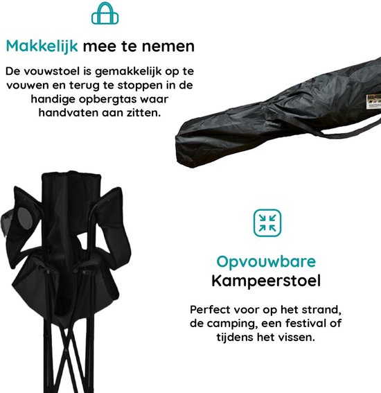 Lexorion Campingstoel - Kampeerstoel - Opvouwbaar Campingstoel - Strandstoel - Draagvermogen 120 kg - Klapstoel - Vouwstoel - Camping - Kamperen - Visstoel - Klapstoelen - Festival Stoel - Zwart van Merkloos — afbeelding 3
