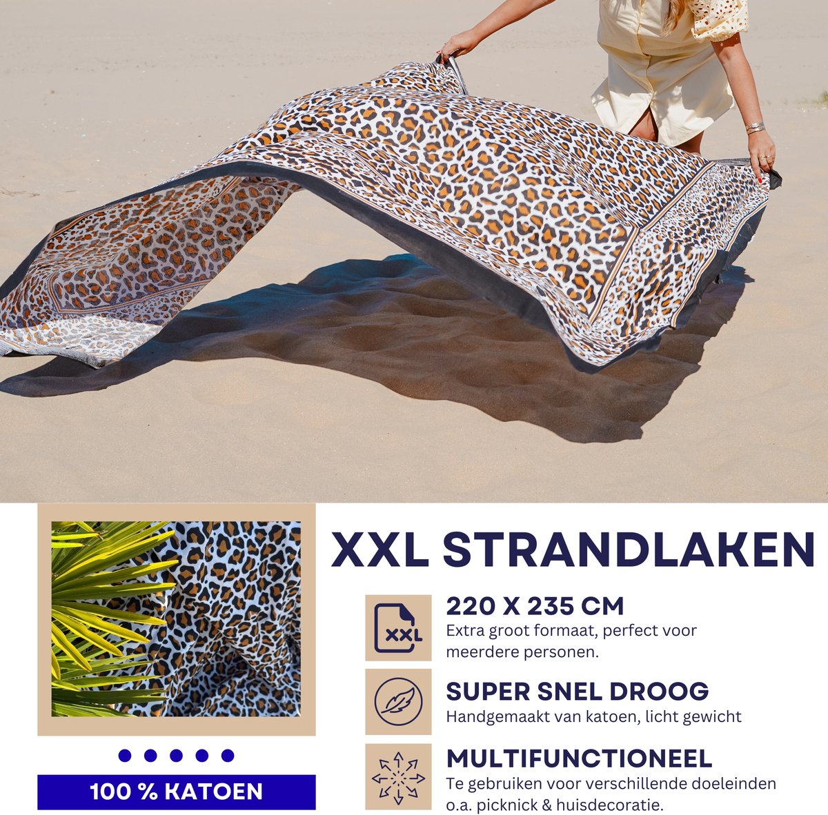 Bohemida XXL Strandlaken 220 x 235 - Extra groot vakantie Strandkleed - Picknick Kleed- Lichtgewicht 100% Duurzaam Katoen-Extra groot vakantie Strandlaken- Leopard Panter - (Zwart Bruin & Wit) Bohemida - Boho Ibiza Mandala - Sneldrogend kleed
