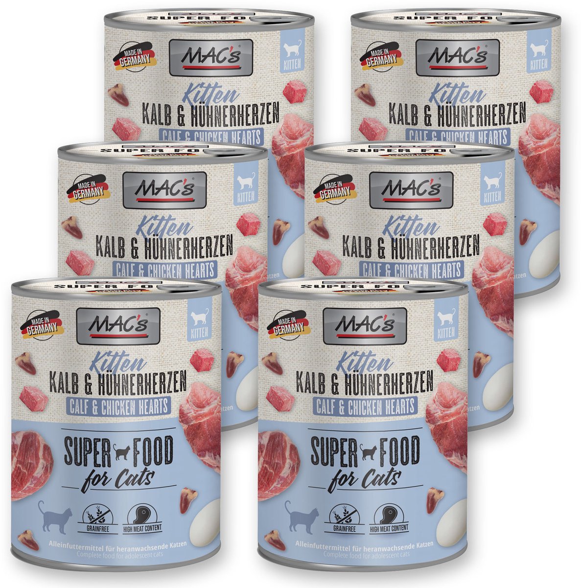 MACs MAC's Kittenvoer Natvoer Blik 98,9% Kalf & Kippenhartjes 6 x 800g