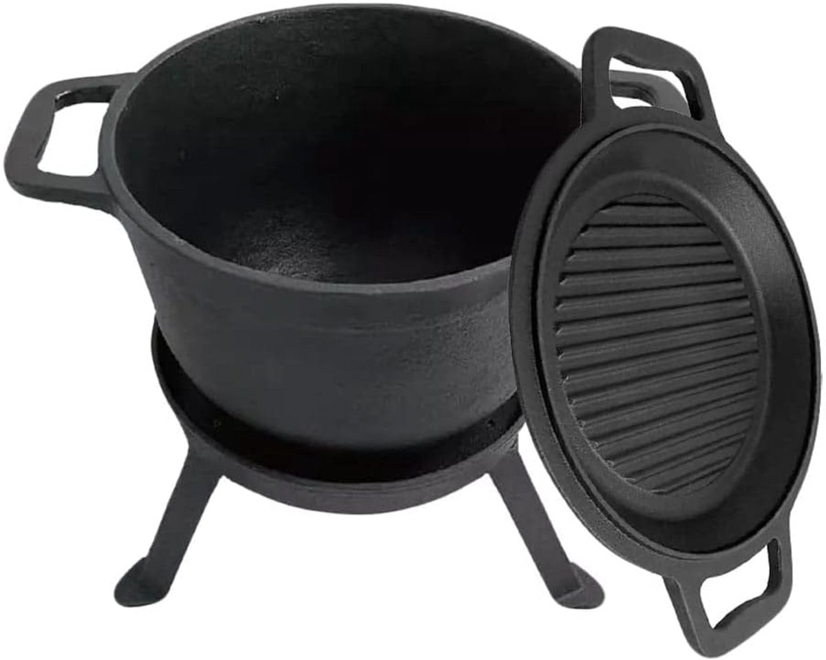 Kinghoff KH1732 - Gietijzeren Camping Kookset 3-in-1 (5L) - Grillpan, Deksel & Pan - Kookstel - Kamperen - Cookingset