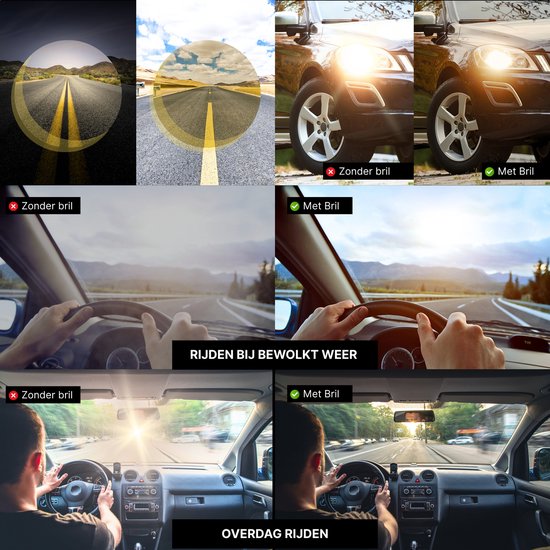 Collage toont effectiviteit van gele bril bij rijden in het donker, mistig weer en bij fel licht.