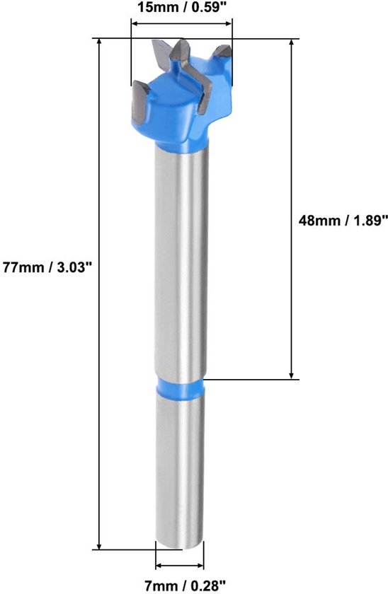 Houtfrees boor, 15 mm doorsnede, 48 mm lengte, zilverkleurig met blauwe kop.